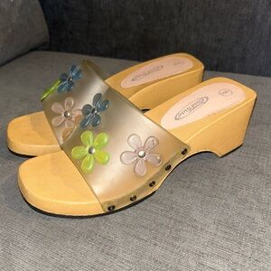 y2k chunky square toe boho flower power 70s wedge sandal heels